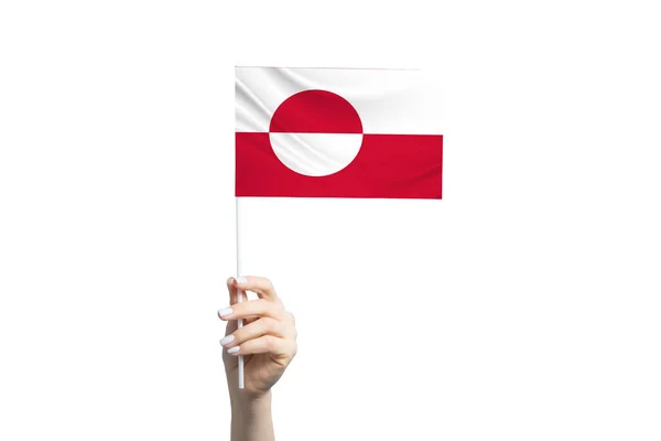 Mooie Vrouwelijke Hand Met Groenlandse Vlag Geïsoleerd Witte Achtergrond — Stockfoto