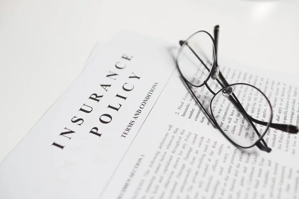 Insurance Policy Contract Spectacles White Table Close View — Stock Photo, Image