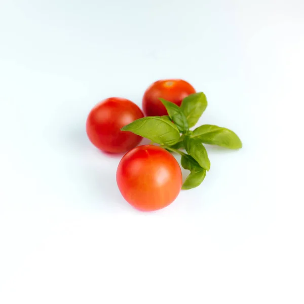 Red Cherry Tomatoes Green Basil White Background High Quality Photo — Stock Photo, Image