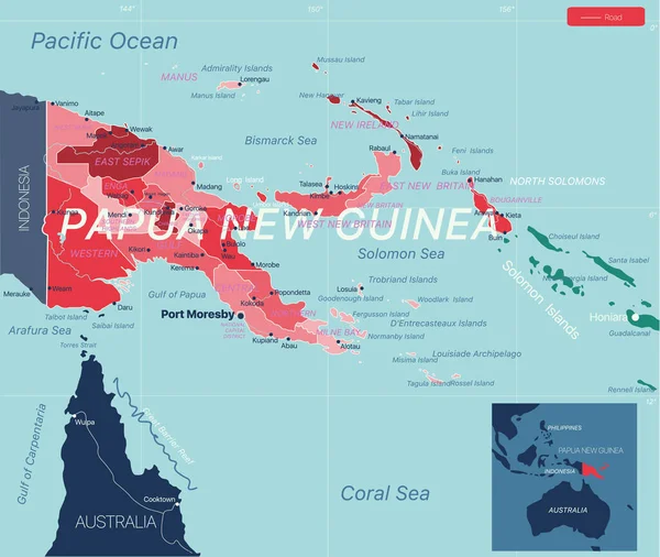 Страна Папуа Новая Гвинея Детализировала Редактируемую Карту Городами Городами Регионов — стоковое фото