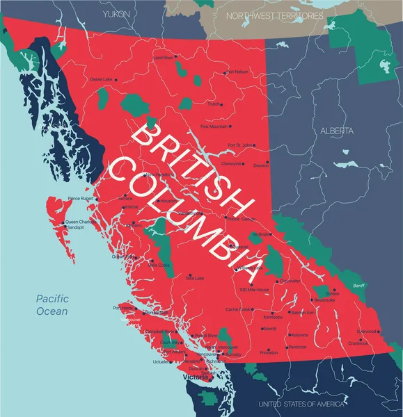 Brits Columbia Provincie Vector Bewerkbare Kaart Van Canada Met Hoofdstad — Stockfoto