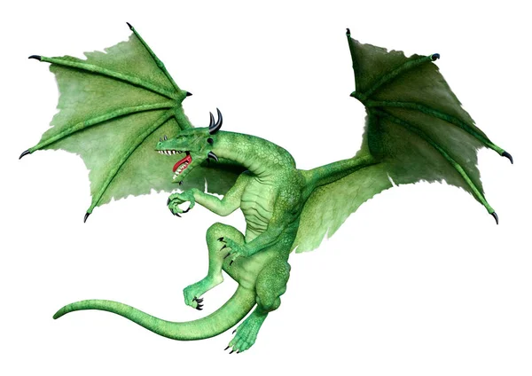 Rendu Dragon Fantasme Vert Isolé Sur Fond Blanc — Photo