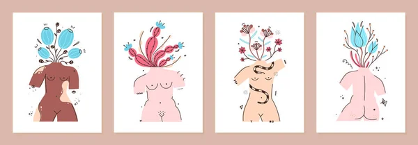 裸の女性の体の形で花瓶に花とカバーテンプレートのセット 体がポジティブだ すべての女性は美しい デザインは ノートブック プランナー ポスター カード用です A4サイズ ベクターイラスト — ストック写真