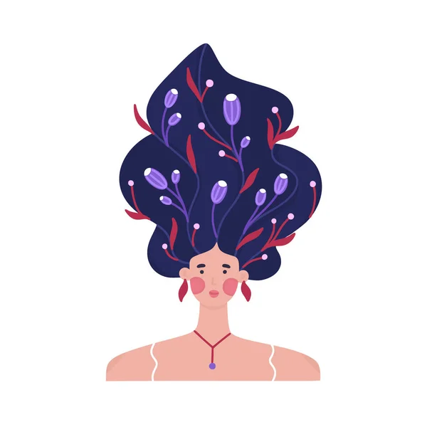 Πορτρέτο Του Κοριτσιού Υψωμένα Κυματιστά Μαλλιά Διακοσμημένα Πολλά Λουλούδια Φλοράλ — Φωτογραφία Αρχείου
