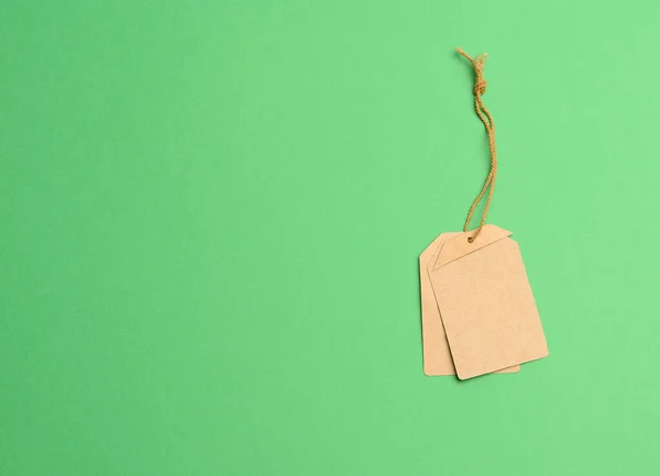 ロープの上の空の紙茶色の長方形の価格タグ緑の背景 — ストック写真
