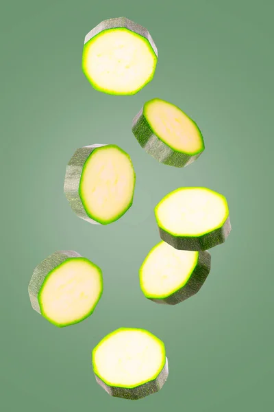 Ізольовані Овочі Сім Кабачків Які Падають Ізольовані Зеленому Відсічним Контуром — стокове фото