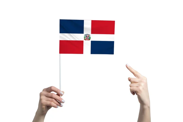 Красивая Женская Рука Держит Флаг Доминиканской Республики Котором Показывает Палец — стоковое фото