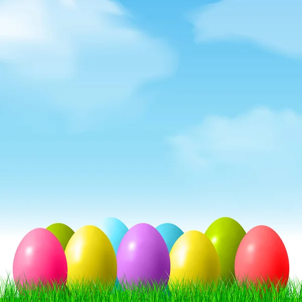 Abstract Easter Bokeh Background Colorful Eggs Lying Grass Sky Background — Stock Photo, Image