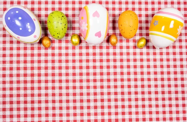 Mix Easter Eggs All Colors Sizes Background Red White Gingham — Stock Photo, Image