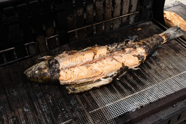 Lazac Fűszernövényekkel Töltve Grillezés Barbecue — Stock Fotó