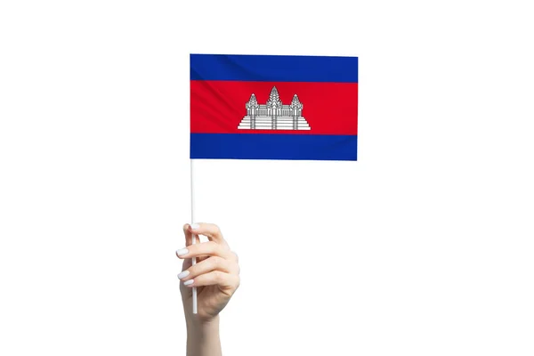 Krásná Ženská Ruka Drží Kambodžskou Vlajku Izolované Bílém Pozadí — Stock fotografie