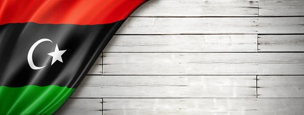 Libysche Flagge Alter Weißer Wand Horizontales Panorama Banner — Stockfoto