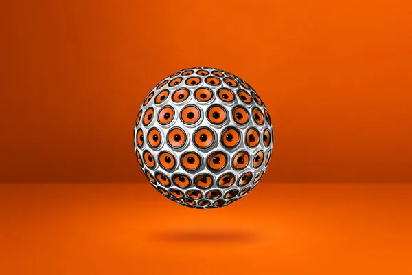 スピーカーはオレンジのスタジオの背景に隔離されている 3Dイラスト — ストック写真