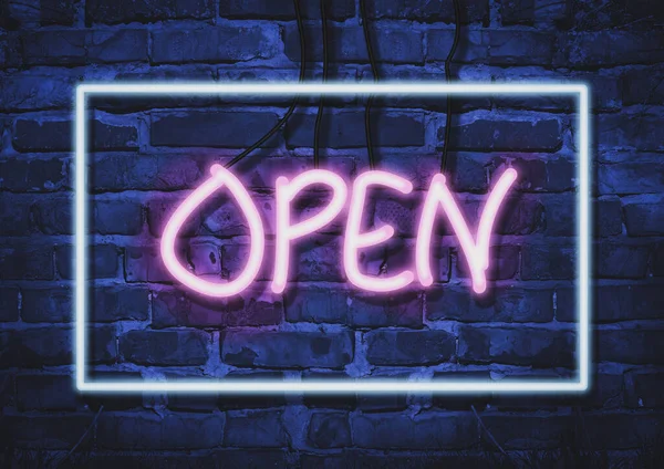 Inscriptie Open Roze Neon Letters Rechthoekige Gloeiende Blauwe Neon Frame — Stockfoto