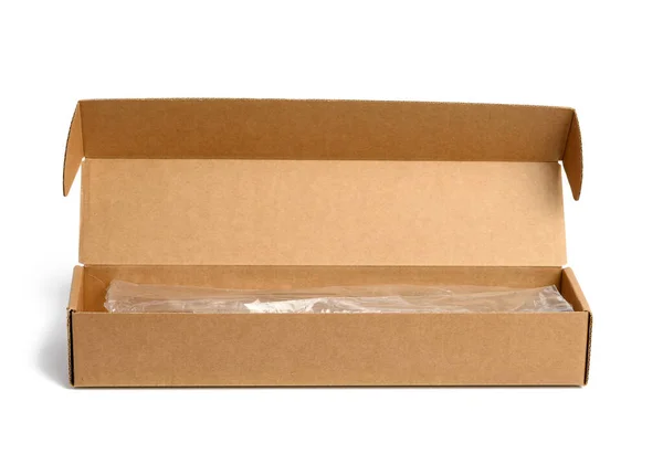 Étroite Boîte Rectangulaire Ouverte Carton Isolée Sur Fond Blanc Gros — Photo