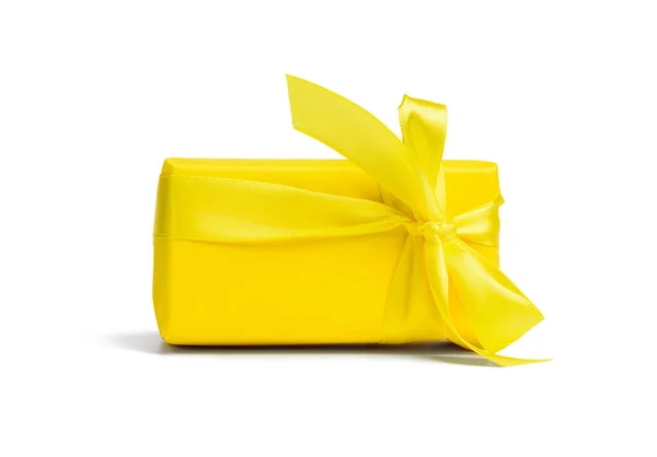 Rectangular Box Gift Wrapped Yellow Paper Tied Silk Yellow Ribbon — Stock Photo, Image