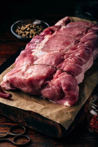 Raw Pork Loin Joint Cutting Board Different Spices — Stock Photo, Image