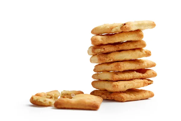 Galletas Sabrosas Montón Galletas Saladas Enteras Una Galleta Rota Aislada —  Fotos de Stock