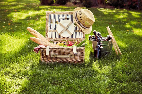 Cesta Picnic Mimbre Con Ingredientes Ensalada Vegetariana Uvas Baguettes Francesas — Foto de Stock