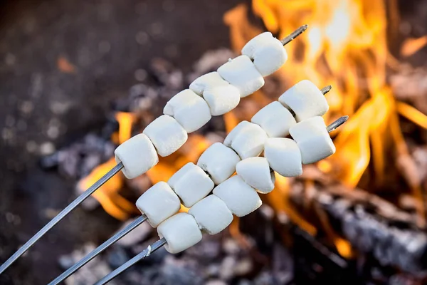 Three Metal Skewers Threaded White Marshmallows Ready Toasting Being Held — Stock Photo, Image