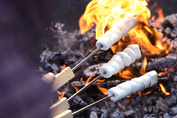 夏季烧烤或野餐时 人们在火堆上的金属绞架上烤棉花糖当甜点 — 图库照片