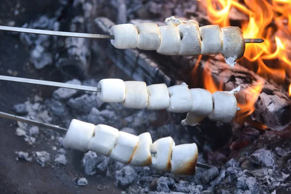 Drei Schmelzspieße Brutzelnder Weißer Marshmallows Die Auf Einem Feuer Über — Stockfoto