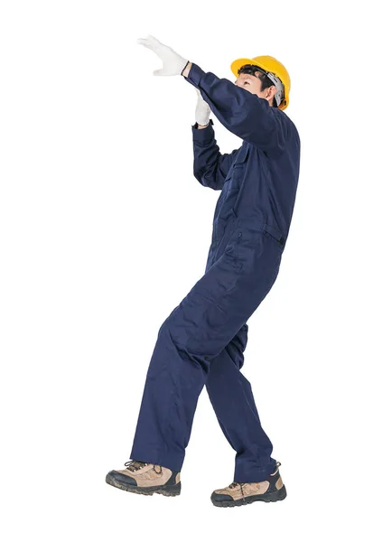 Retrato Obrero Con Monos Azules Sombrero Señora Uniforme Sobre Fondo — Foto de Stock