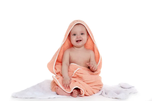 Sweet Small Baby Covered Orange Towel Sits Plaid White Background — Stock Photo, Image