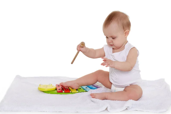 Dulce Bebé Pañal Juega Con Xilófono Colorido Juguete Instrumento Musical — Foto de Stock
