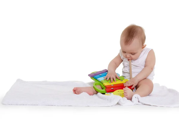 Sweet Baby Diaper Plays Colourful Xylophone Musical Instrument Toy Children — Stock Photo, Image