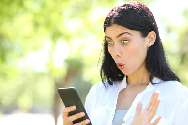 Sürpriz Yetişkin Kadın Bir Parkta Duran Akıllı Telefon Teklifleri Bulur — Stok fotoğraf