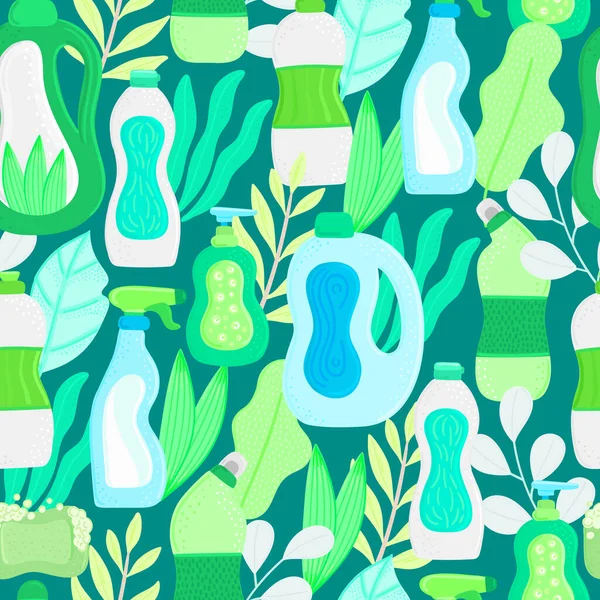 Naadloos Patroon Milieuvriendelijke Huishoudelijke Schoonmaak Benodigdheden Bladeren Natuurlijke Wasmiddelen Producten — Stockfoto