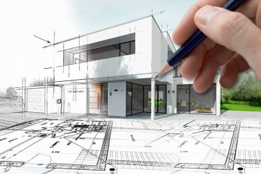 Drawing of a modern house that becomes real clipart