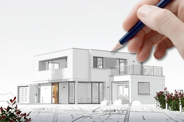 Sketch of a modern house with a pen