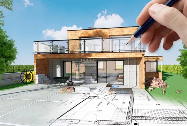 3D rendering of a modern house under construction with a pen