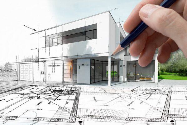 Dibujo Una Casa Moderna Que Convierte Real — Foto de Stock