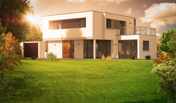 日落时现代房屋的3D渲染 — 图库照片