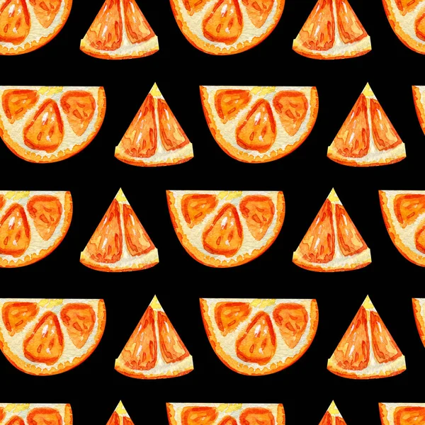 Nahtloses Muster Mit Orangenscheiben Tropische Erfrischende Exotische Früchte Auf Schwarzem — Stockfoto