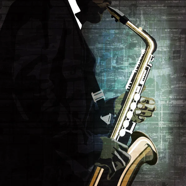 グランジを背景にサックス奏者との抽象的な青の音楽イラスト — ストック写真