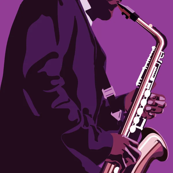Abstrakt Musik Illustration Med Saxofonspelare Violett Solid Bakgrund — Stockfoto