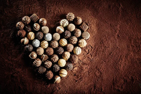 Luxury Handmade Chocolate Pralines Heart Shape Symbolic Romance Love Background — Stock Photo, Image