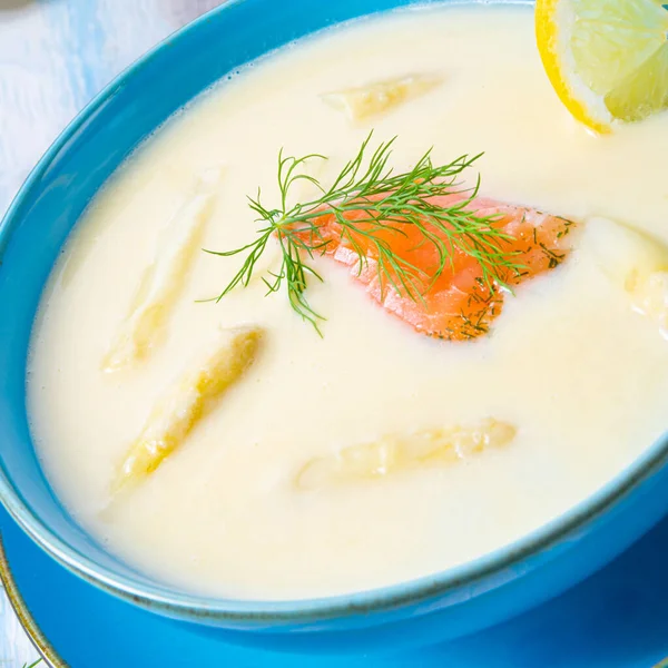 Cream Asparagus Soup Salmon Rolls Dill — Stock Photo, Image