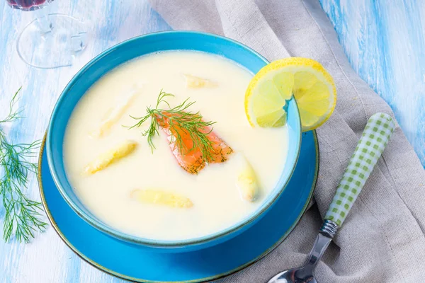 Cream Asparagus Soup Salmon Rolls Dill — Stock Photo, Image