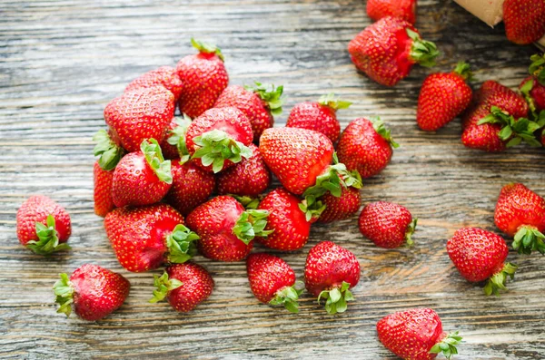 Fresh Ripe Strawberries Wooden Background Organic Juicy Berries Top View — Stock Photo, Image