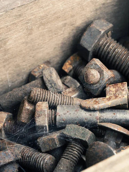 Ahşap Arka Planda Paslı Metal Vidalar — Stok fotoğraf