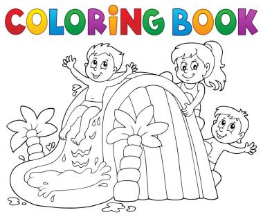 Coloring book kids on water slide 1 - picture illustration. clipart
