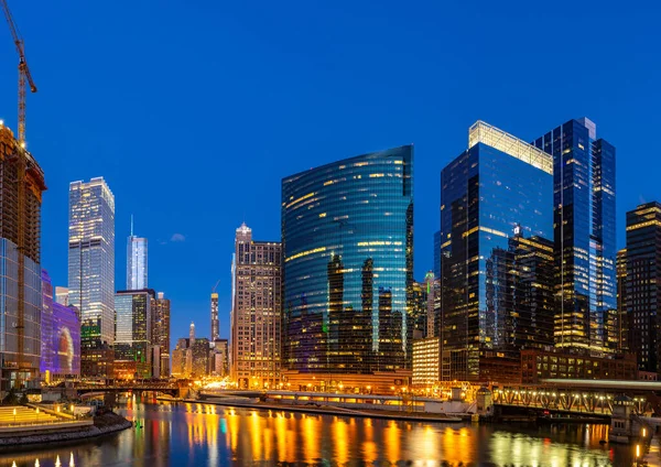 Panorama Shot City Chicago Downtown Chicago River Sunset Night Chicago — Stock Photo, Image