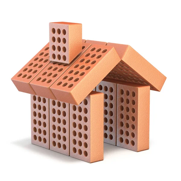 由砖块3D制成的小房屋标志在白色背景上隔离渲染插图 — 图库照片