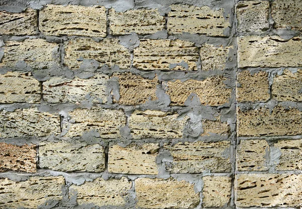 Tegelvägg Stora Stenblock Fästas Med Grå Cement Kopiera Utrymme — Stockfoto