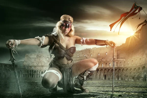 Ancient woman warrior or Gladiator in the arena with swords